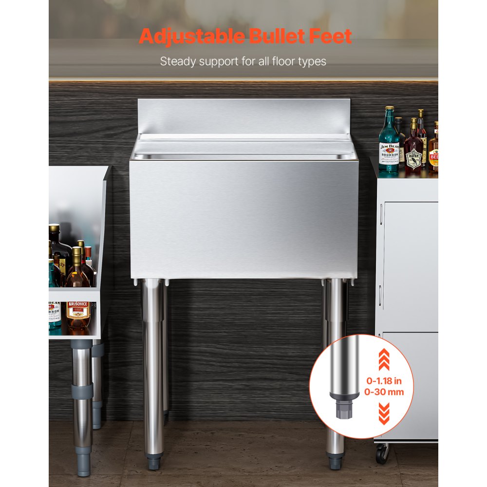 VEVOR Commercial Ice Bin, 61 L Underbar Ice Bin, 24 x 19 x 37 in Stainless Steel Ice Chest with Sliding Lid, Bottle Holders, Adjustable Bullet Feet, Cooler Cart Cocktail Unit for Bar Restaurant Pub