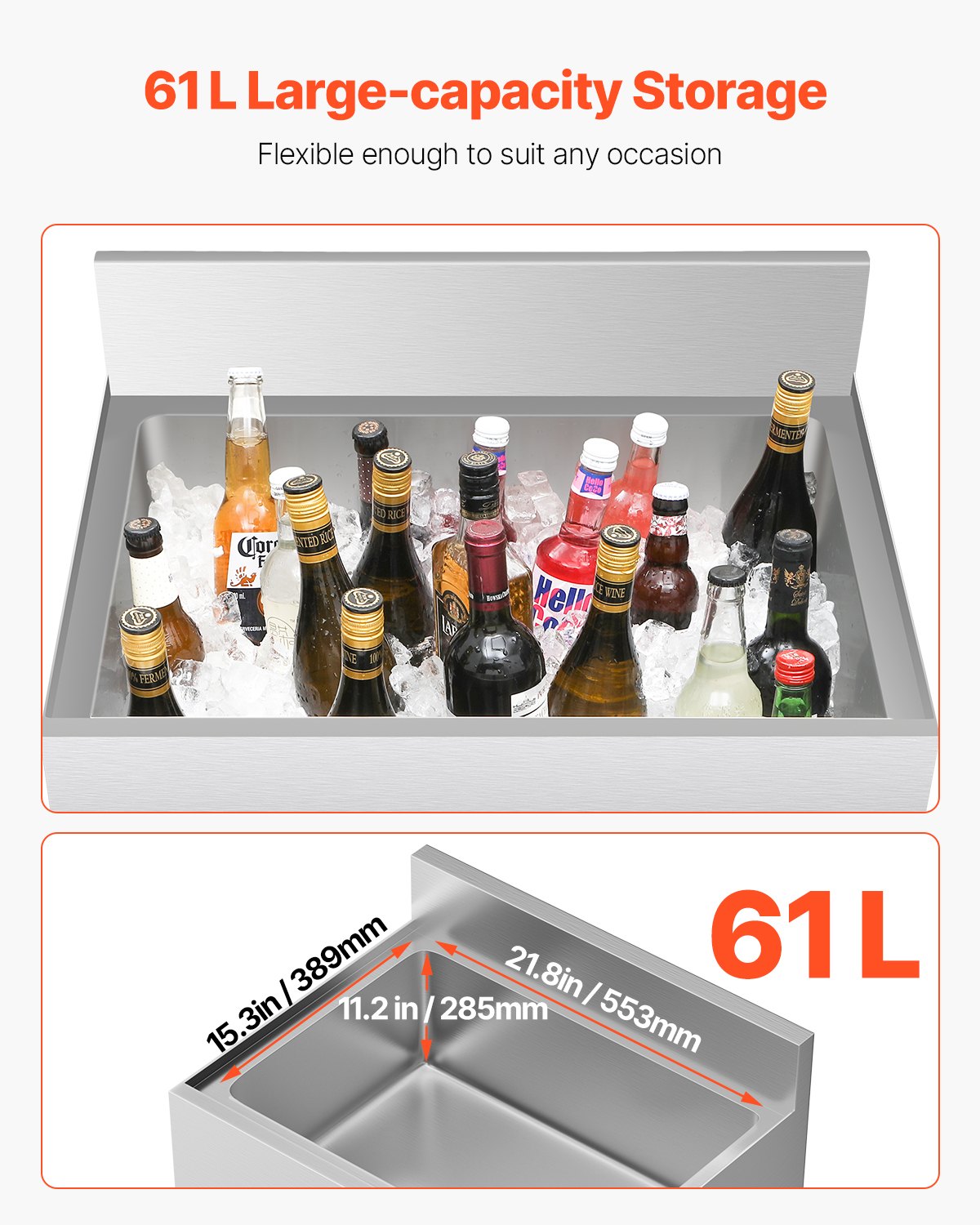 VEVOR Commercial Ice Bin, 61 L Underbar Ice Bin, 24 x 19 x 37 in Stainless Steel Ice Chest with Sliding Lid, Bottle Holders, Adjustable Bullet Feet, Cooler Cart Cocktail Unit for Bar Restaurant Pub