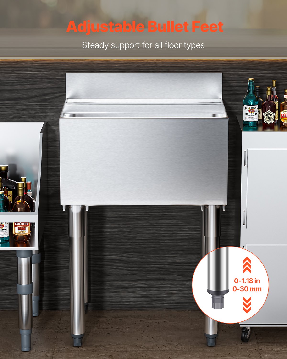 VEVOR Commercial Ice Bin, 61 L Underbar Ice Bin, 24 x 19 x 37 in Stainless Steel Ice Chest with Sliding Lid, Bottle Holders, Adjustable Bullet Feet, Cooler Cart Cocktail Unit for Bar Restaurant Pub