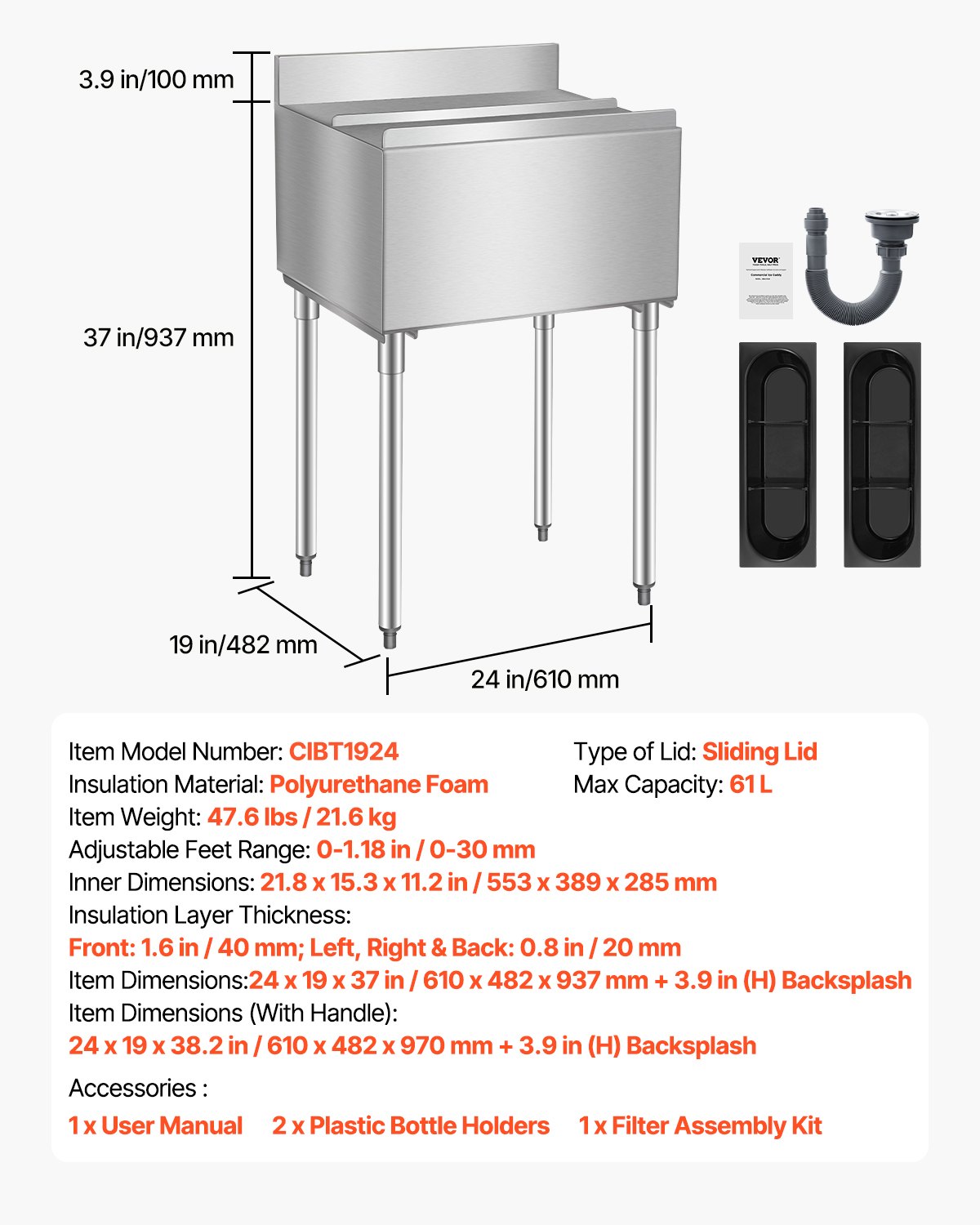 VEVOR Commercial Ice Bin, 61 L Underbar Ice Bin, 24 x 19 x 37 in Stainless Steel Ice Chest with Sliding Lid, Bottle Holders, Adjustable Bullet Feet, Cooler Cart Cocktail Unit for Bar Restaurant Pub