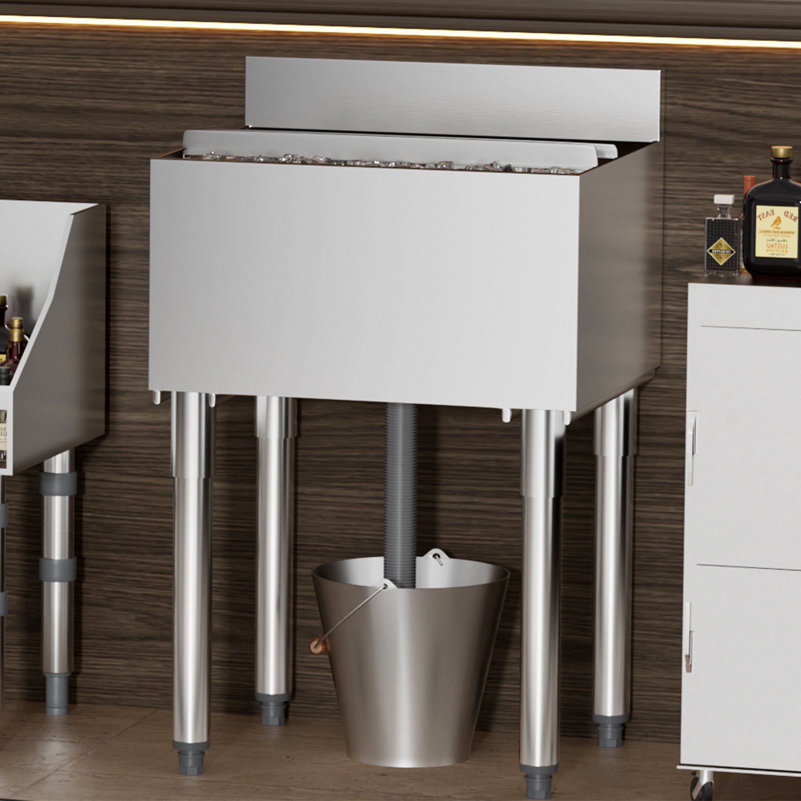 VEVOR Commercial Ice Bin, 61 L Underbar Ice Bin, 24 x 19 x 37 in Stainless Steel Ice Chest with Sliding Lid, Bottle Holders, Adjustable Bullet Feet, Cooler Cart Cocktail Unit for Bar Restaurant Pub
