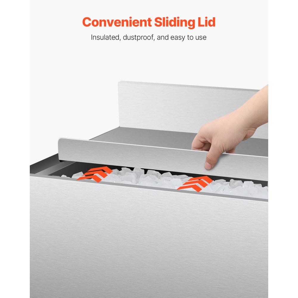 VEVOR Commercial Ice Bin, 61.6 L Underbar Ice Bin, 24 x 24.2 x 37 in Stainless Steel Ice Chest with Sliding Lid, Bottle Holders, and Adjustable Bullet Feet, Cocktail Unit for Bar, Restaurant & Pub