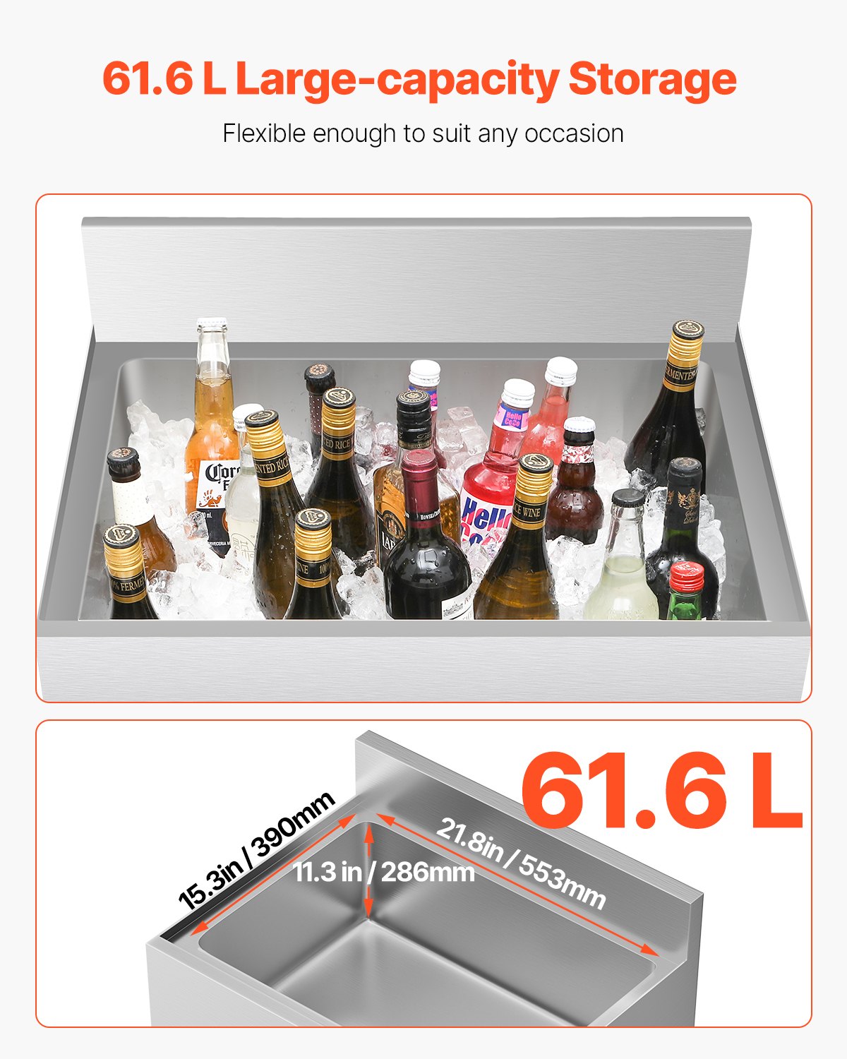 VEVOR Commercial Ice Bin, 61.6 L Underbar Ice Bin, 24 x 24.2 x 37 in Stainless Steel Ice Chest with Sliding Lid, Bottle Holders, and Adjustable Bullet Feet, Cocktail Unit for Bar, Restaurant & Pub