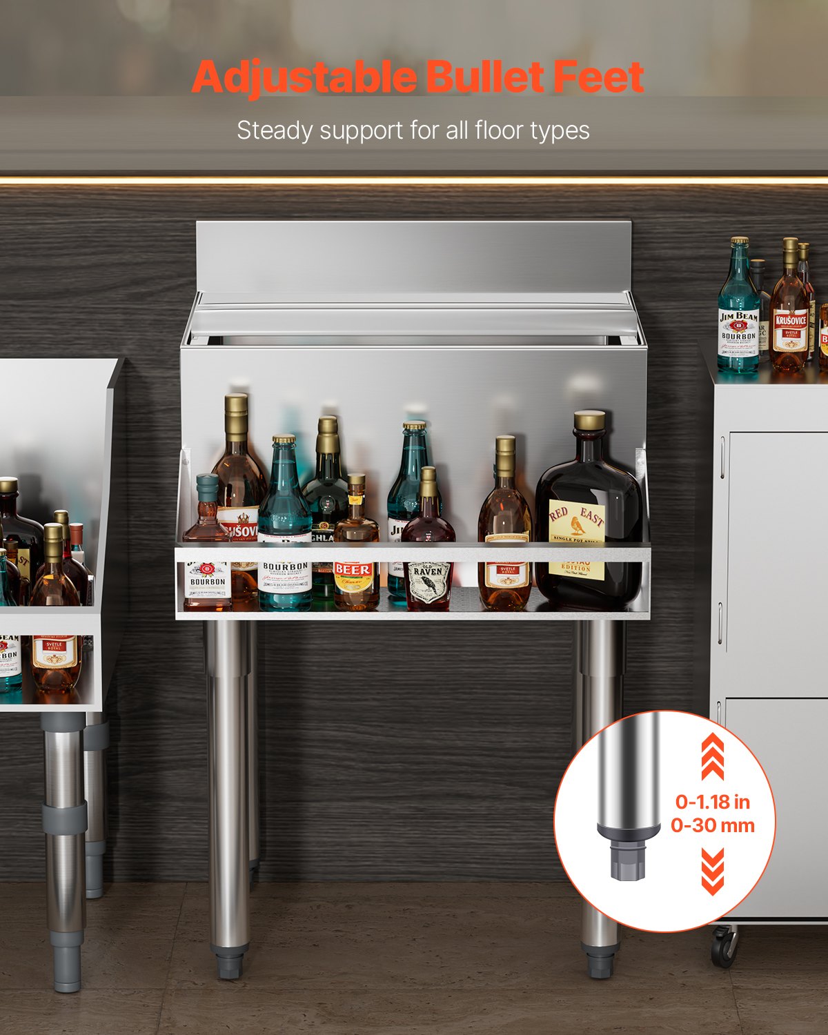 VEVOR Commercial Ice Bin, 61.6 L Underbar Ice Bin, 24 x 24.2 x 37 in Stainless Steel Ice Chest with Sliding Lid, Bottle Holders, and Adjustable Bullet Feet, Cocktail Unit for Bar, Restaurant & Pub