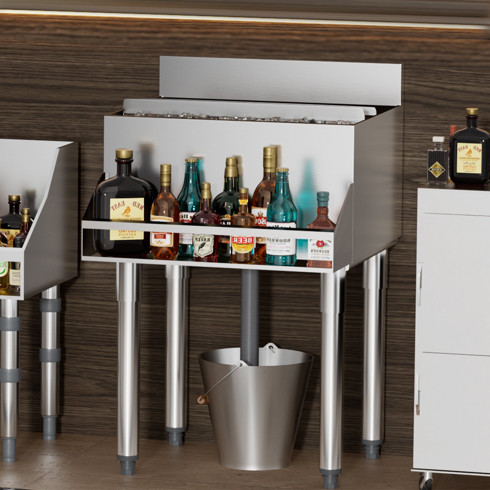 VEVOR Commercial Ice Bin, 61.6 L Underbar Ice Bin, 24 x 24.2 x 37 in Stainless Steel Ice Chest with Sliding Lid, Bottle Holders, and Adjustable Bullet Feet, Cocktail Unit for Bar, Restaurant & Pub