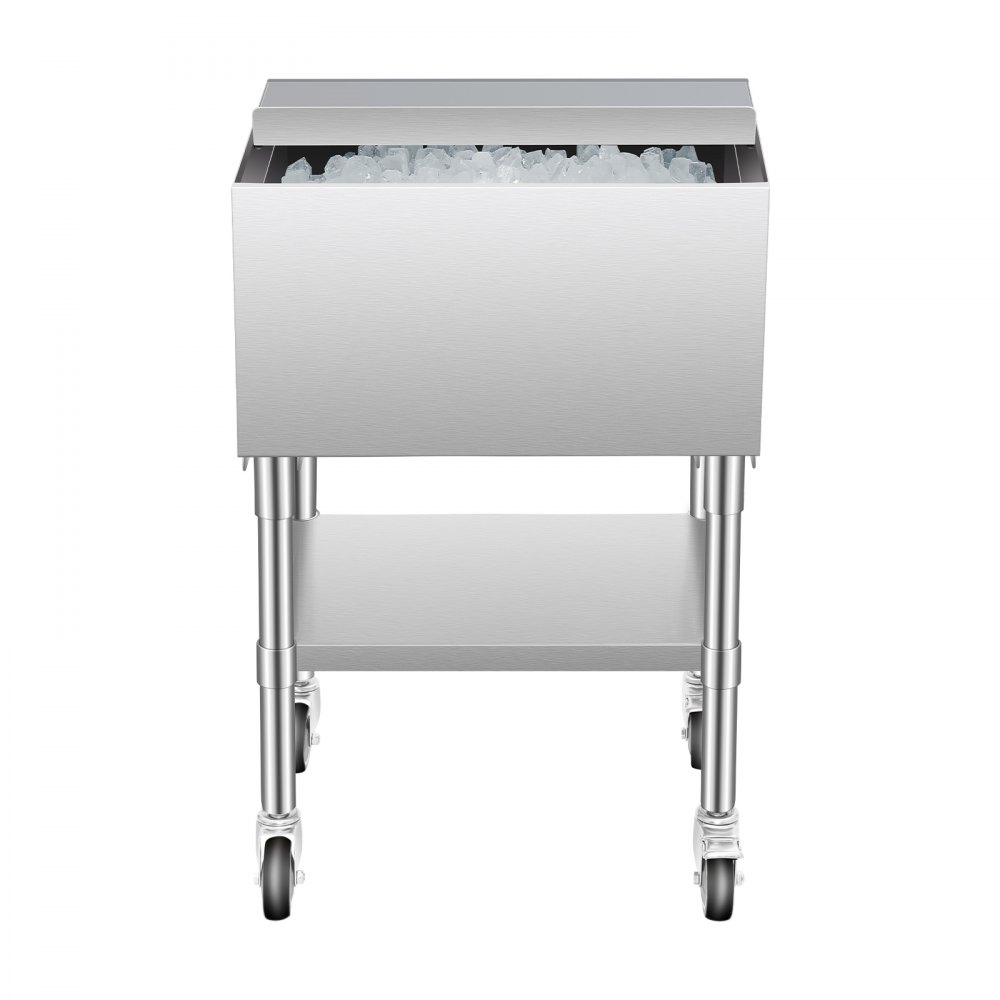 VEVOR Commercial Ice Bin, 61.6 L Rolling Ice Chest on Wheels, 24 x 19.1 x 36.8 in Stainless Steel Cooler Cart with Sliding Lid, Bottom Storage Tray, Adjustable Bullet Feet, for Bar, Restaurant, Pub
