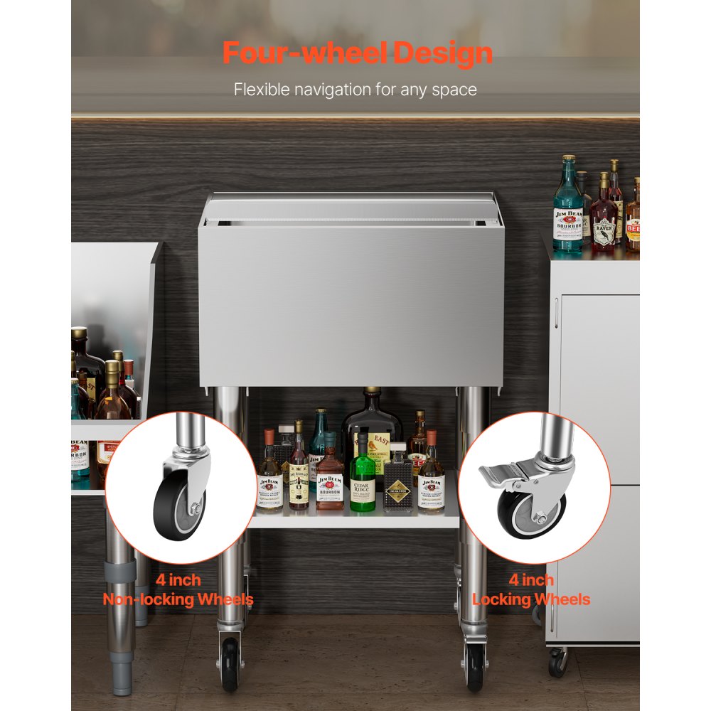 VEVOR Commercial Ice Bin, 61.6 L Rolling Ice Chest on Wheels, 24 x 19.1 x 36.8 in Stainless Steel Cooler Cart with Sliding Lid, Bottom Storage Tray, Adjustable Bullet Feet, for Bar, Restaurant, Pub