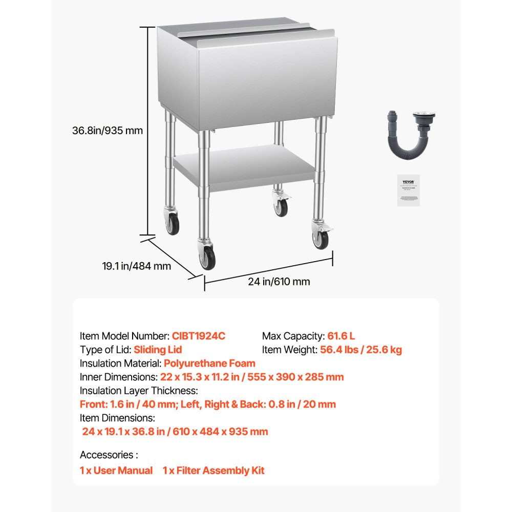 VEVOR Commercial Ice Bin, 61.6 L Rolling Ice Chest on Wheels, 24 x 19.1 x 36.8 in Stainless Steel Cooler Cart with Sliding Lid, Bottom Storage Tray, Adjustable Bullet Feet, for Bar, Restaurant, Pub