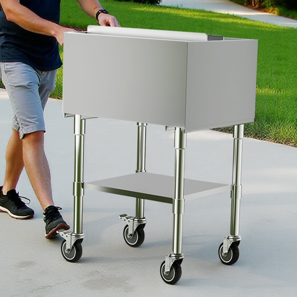 VEVOR Commercial Ice Bin, 61.6 L Rolling Ice Chest on Wheels, 24 x 19.1 x 36.8 in Stainless Steel Cooler Cart with Sliding Lid, Bottom Storage Tray, Adjustable Bullet Feet, for Bar, Restaurant, Pub