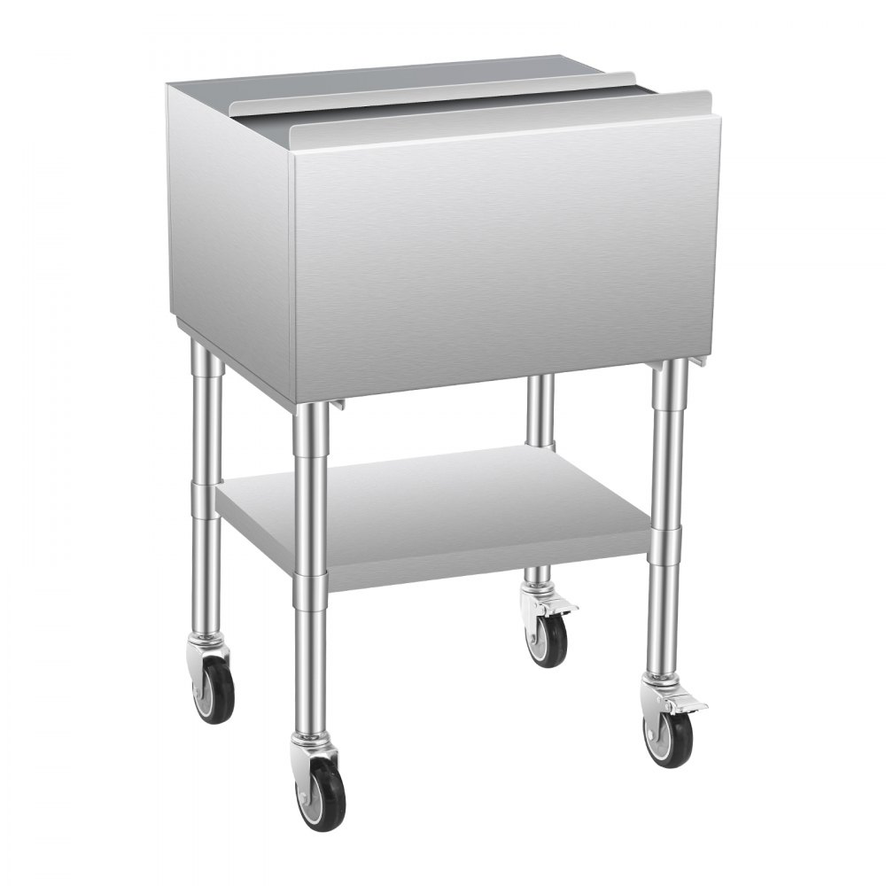 VEVOR Commercial Ice Bin, 61.6 L Rolling Ice Chest on Wheels, 24 x 19.1 x 36.8 in Stainless Steel Cooler Cart with Sliding Lid, Bottom Storage Tray, Adjustable Bullet Feet, for Bar, Restaurant, Pub