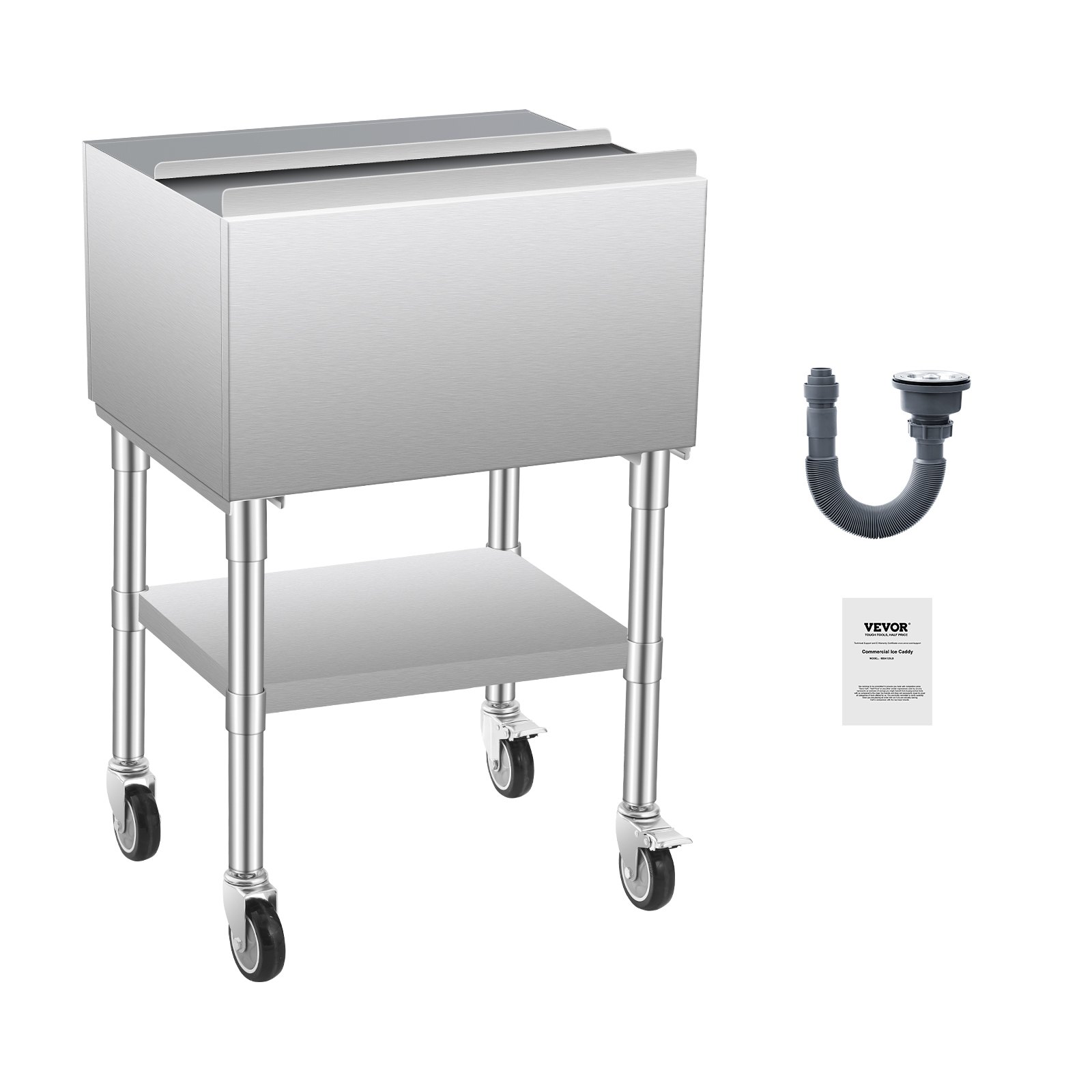 VEVOR Commercial Ice Bin, 61.6 L Rolling Ice Chest on Wheels, 24 x 19.1 x 36.8 in Stainless Steel Cooler Cart with Sliding Lid, Bottom Storage Tray, Adjustable Bullet Feet, for Bar, Restaurant, Pub