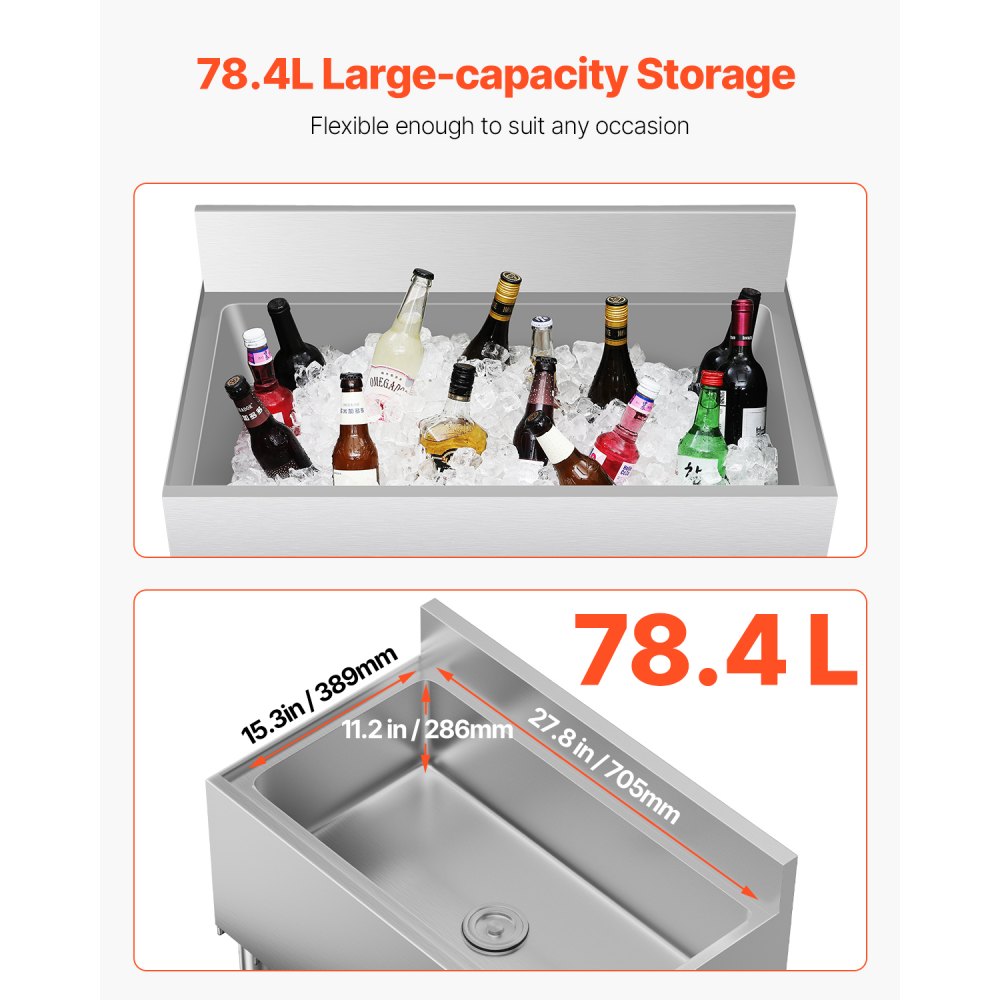 Hielera comercial VEVOR de 78,4 L para debajo de la barra, de acero inoxidable de 76,2 x 48,2 x 94,4 cm, con tapa deslizante, portabotellas y patas ajustables. Carrito refrigerador para cócteles, ideal para bar, restaurante y pub.