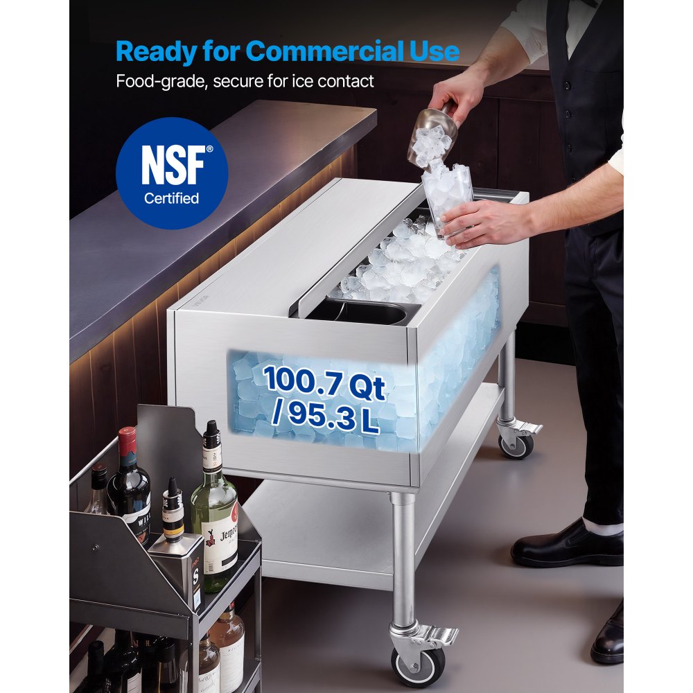 VEVOR Commercial Ice Bin, 100.7 Qt Max Capacity, 36 x 19 x 35 Inch Stainless Steel Ice Chest with Sliding Lid and Bottle Holders, Cooler Cart Cocktail Unit for Bar Restaurant Pub, NSF Certified