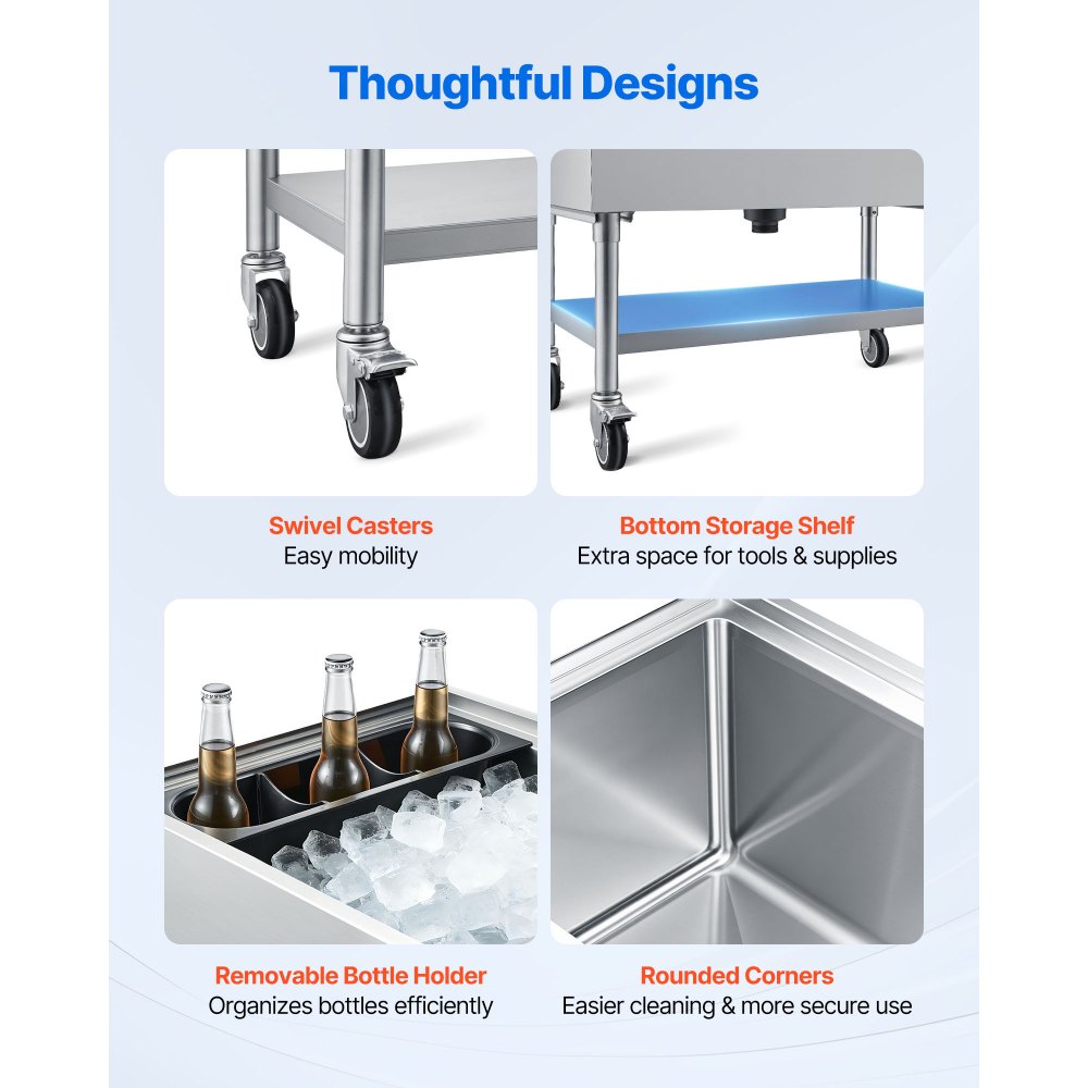 VEVOR Commercial Ice Bin, 100.7 Qt Max Capacity, 36 x 19 x 35 Inch Stainless Steel Ice Chest with Sliding Lid and Bottle Holders, Cooler Cart Cocktail Unit for Bar Restaurant Pub, NSF Certified