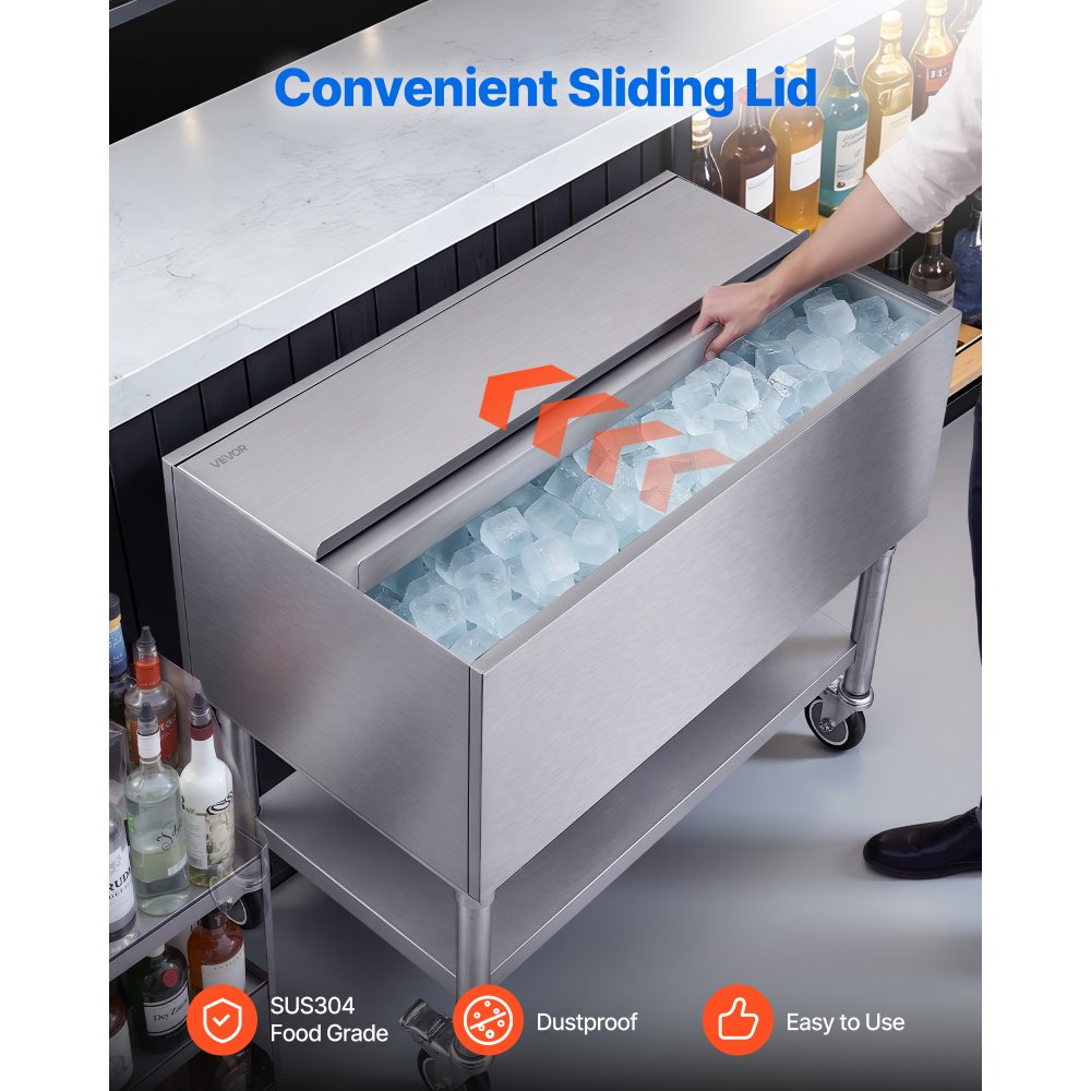 VEVOR Commercial Ice Bin, 100.7 Qt Max Capacity, 36 x 19 x 35 Inch Stainless Steel Ice Chest with Sliding Lid and Bottle Holders, Cooler Cart Cocktail Unit for Bar Restaurant Pub, NSF Certified
