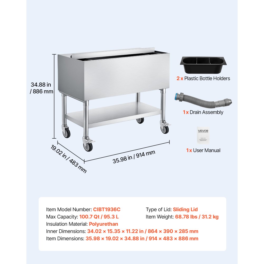 VEVOR Commercial Ice Bin, 100.7 Qt Max Capacity, 36 x 19 x 35 Inch Stainless Steel Ice Chest with Sliding Lid and Bottle Holders, Cooler Cart Cocktail Unit for Bar Restaurant Pub, NSF Certified