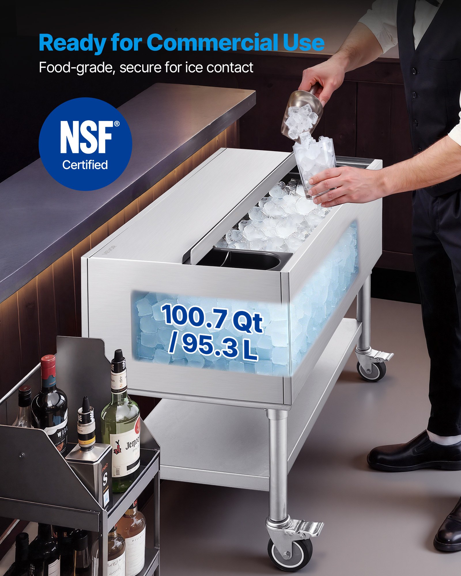 VEVOR Commercial Ice Bin, 100.7 Qt Max Capacity, 36 x 19 x 35 Inch Stainless Steel Ice Chest with Sliding Lid and Bottle Holders, Cooler Cart Cocktail Unit for Bar Restaurant Pub, NSF Certified