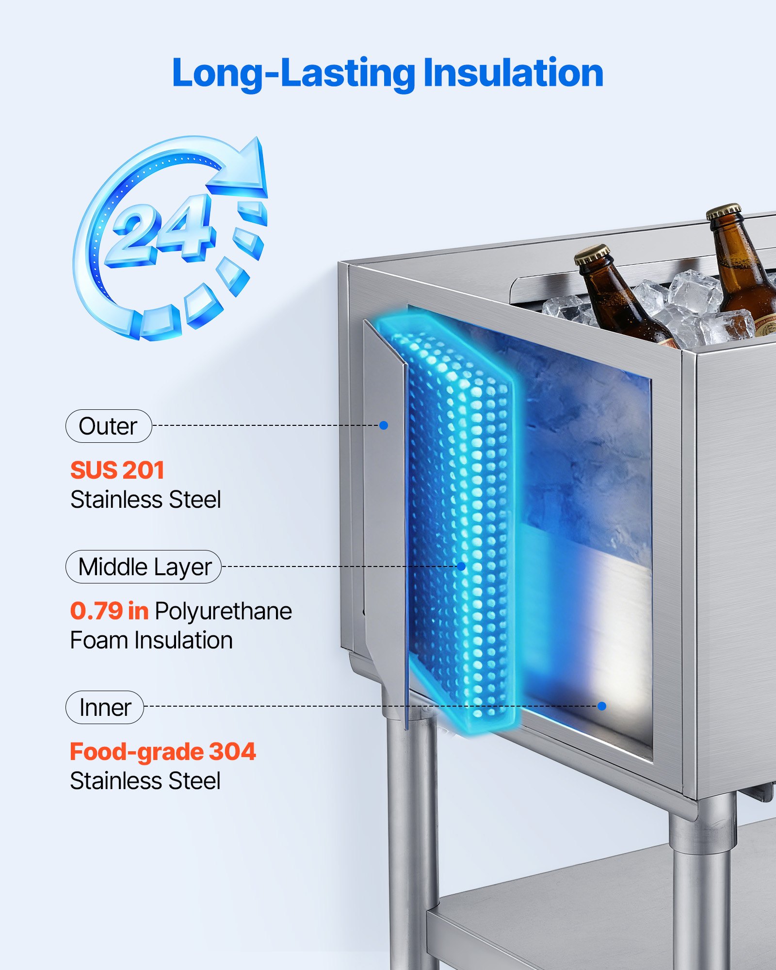 VEVOR Commercial Ice Bin, 100.7 Qt Max Capacity, 36 x 19 x 35 Inch Stainless Steel Ice Chest with Sliding Lid and Bottle Holders, Cooler Cart Cocktail Unit for Bar Restaurant Pub, NSF Certified