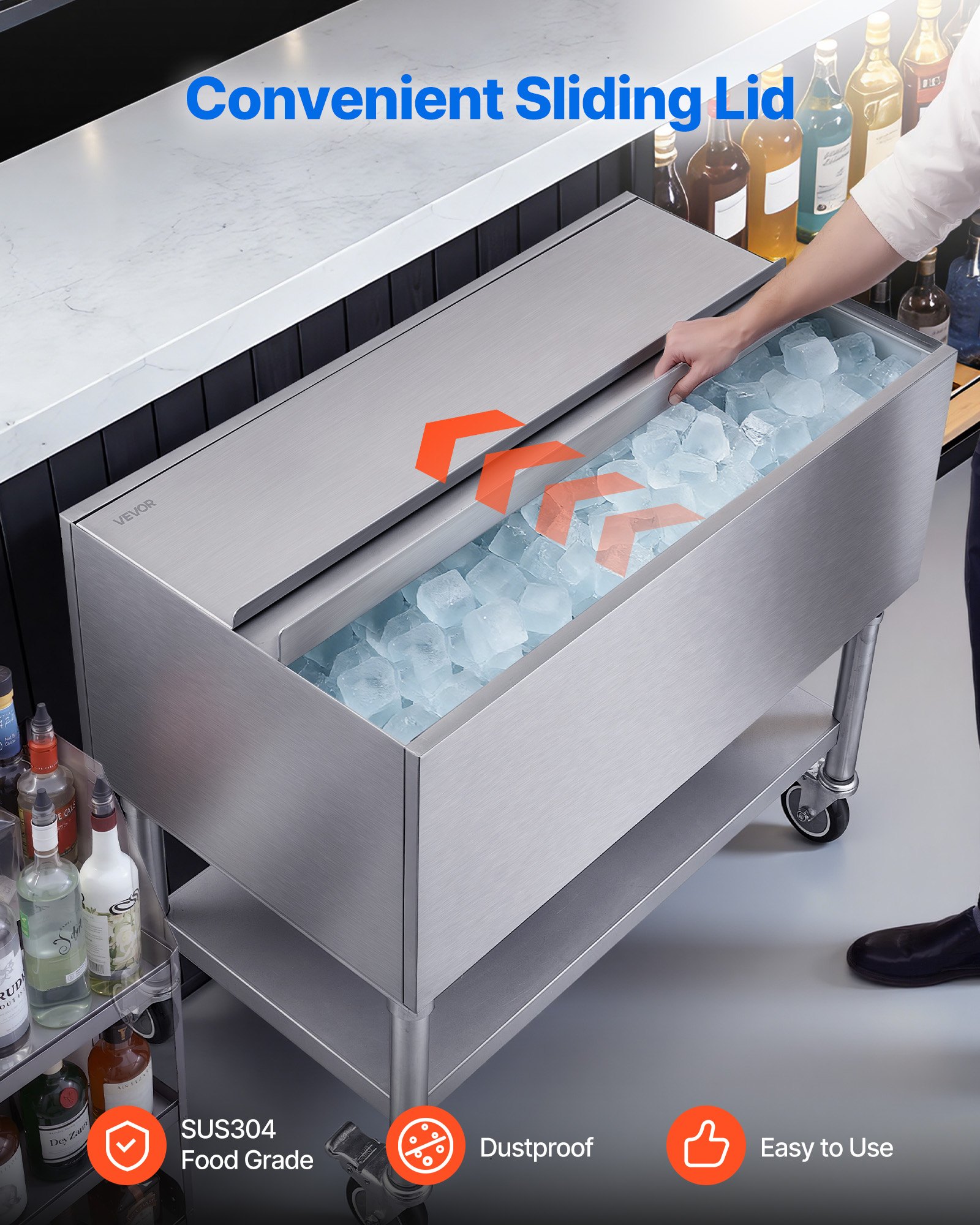 VEVOR Commercial Ice Bin, 100.7 Qt Max Capacity, 36 x 19 x 35 Inch Stainless Steel Ice Chest with Sliding Lid and Bottle Holders, Cooler Cart Cocktail Unit for Bar Restaurant Pub, NSF Certified