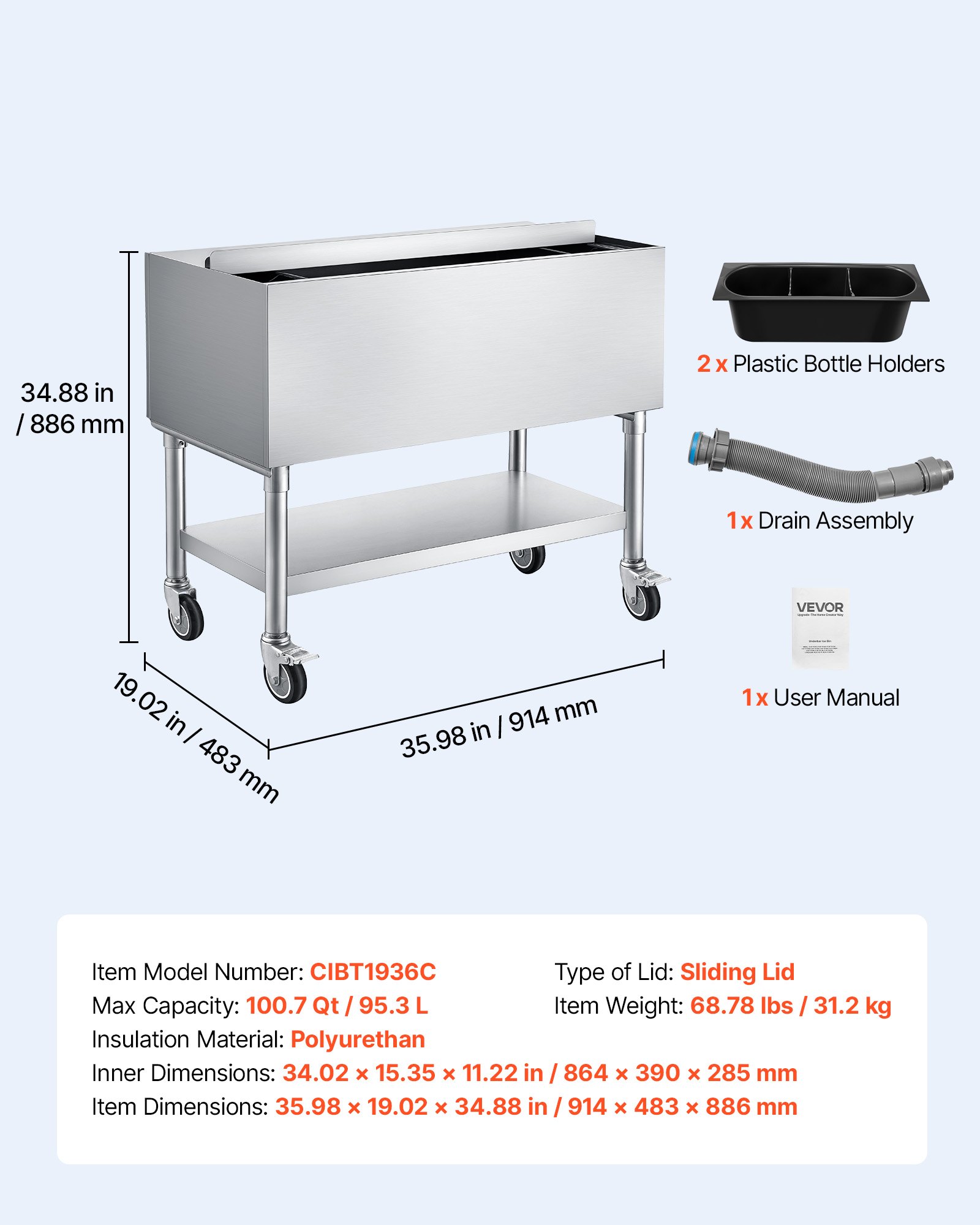 VEVOR Commercial Ice Bin, 100.7 Qt Max Capacity, 36 x 19 x 35 Inch Stainless Steel Ice Chest with Sliding Lid and Bottle Holders, Cooler Cart Cocktail Unit for Bar Restaurant Pub, NSF Certified