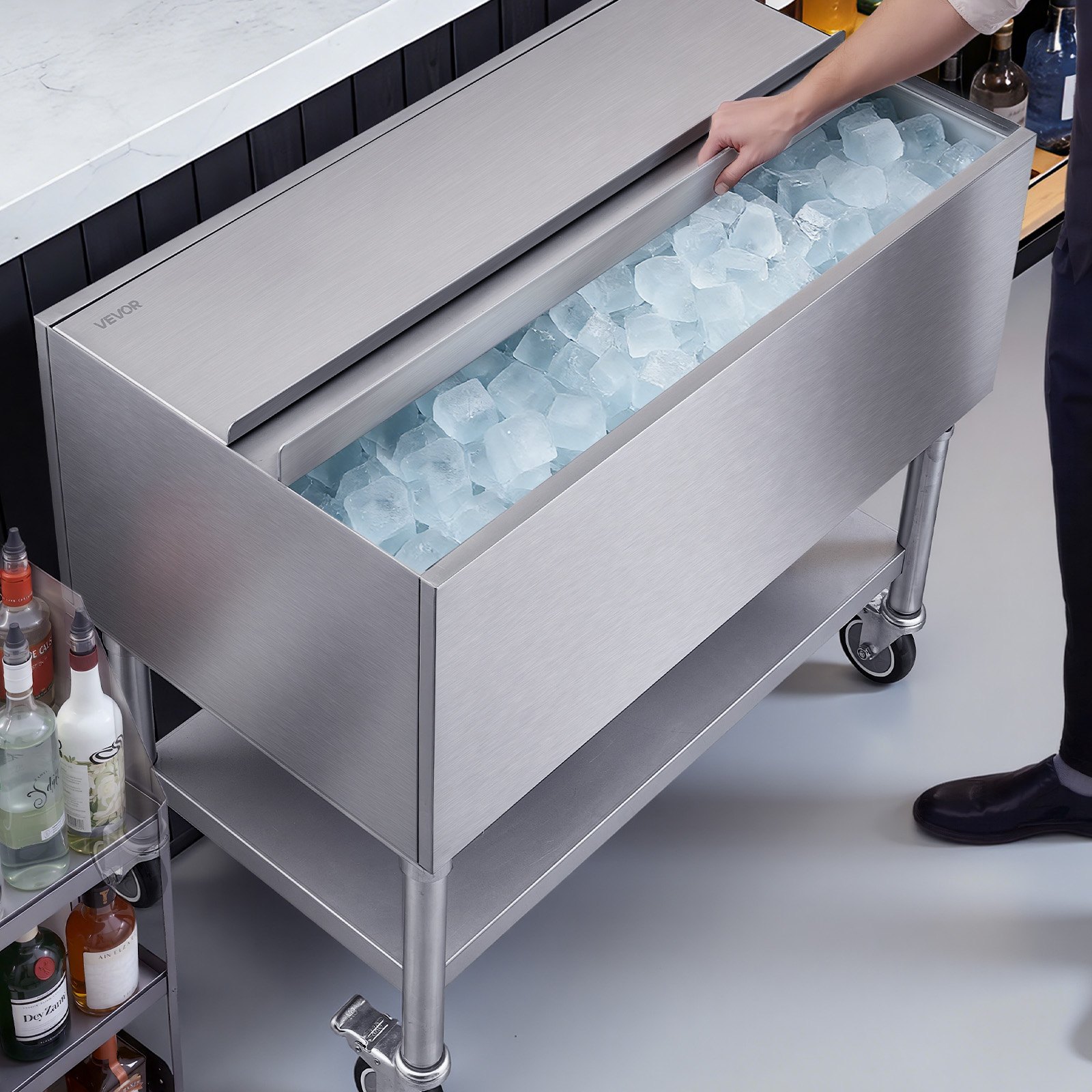 VEVOR Commercial Ice Bin, 100.7 Qt Max Capacity, 36 x 19 x 35 Inch Stainless Steel Ice Chest with Sliding Lid and Bottle Holders, Cooler Cart Cocktail Unit for Bar Restaurant Pub, NSF Certified