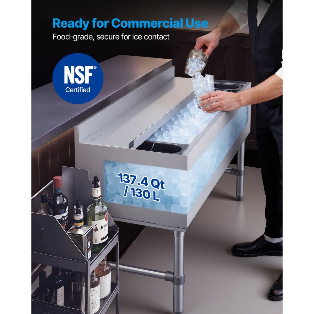 VEVOR Commercial Ice Bin, 137.4 Qt Max Capacity, 48 x 19 x 33 Inch Stainless Steel Ice Chest with Sliding Lid and Bottle Holders, Cooler Cart Cocktail Unit for Bar Restaurant Pub, NSF Certified