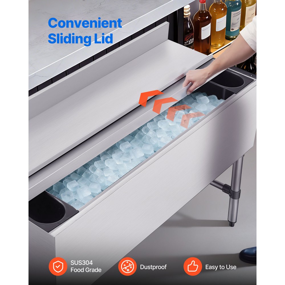 VEVOR Commercial Ice Bin, 137.4 Qt Max Capacity, 48 x 19 x 33 Inch Stainless Steel Ice Chest with Sliding Lid and Bottle Holders, Cooler Cart Cocktail Unit for Bar Restaurant Pub, NSF Certified