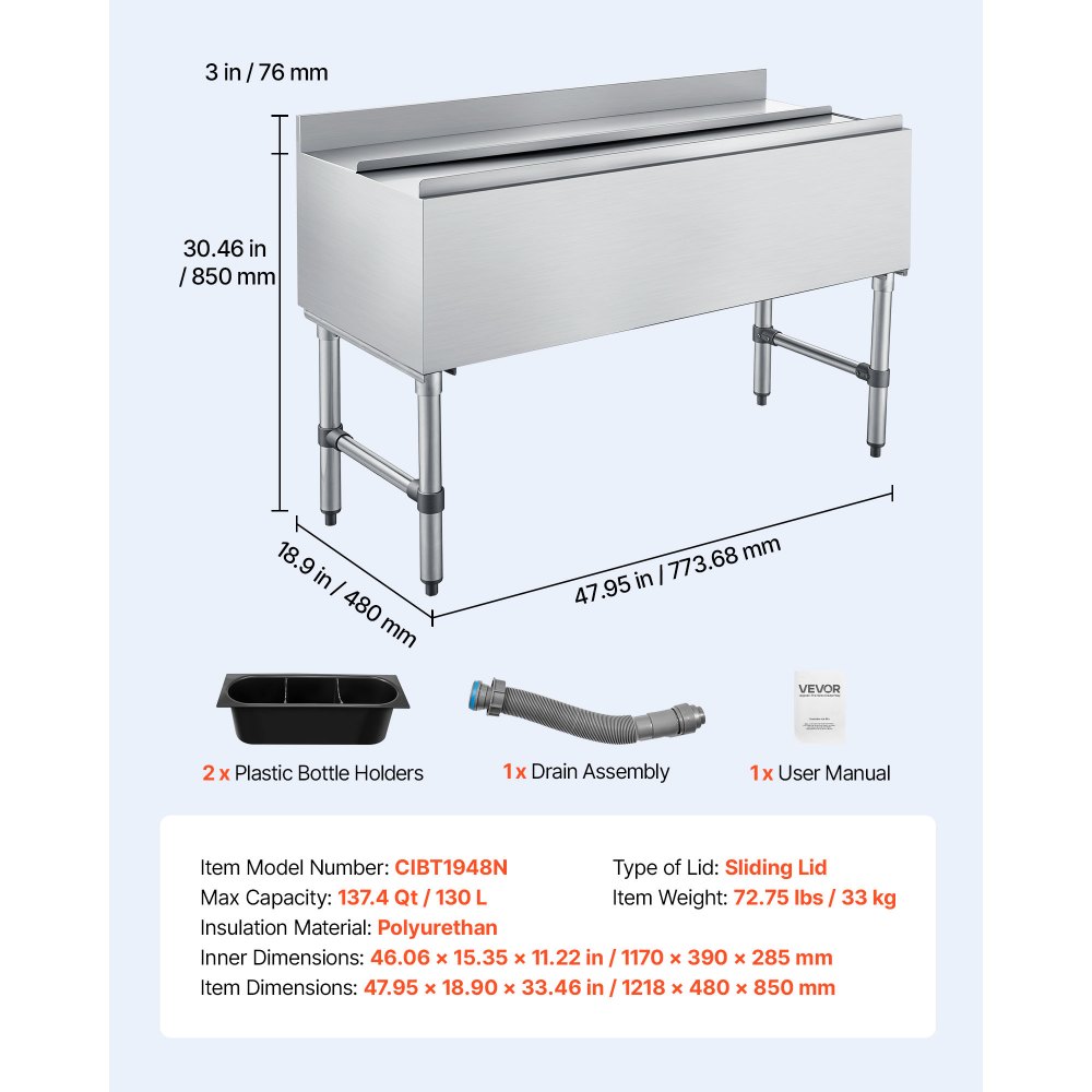 VEVOR Commercial Ice Bin, 137.4 Qt Max Capacity, 48 x 19 x 33 Inch Stainless Steel Ice Chest with Sliding Lid and Bottle Holders, Cooler Cart Cocktail Unit for Bar Restaurant Pub, NSF Certified