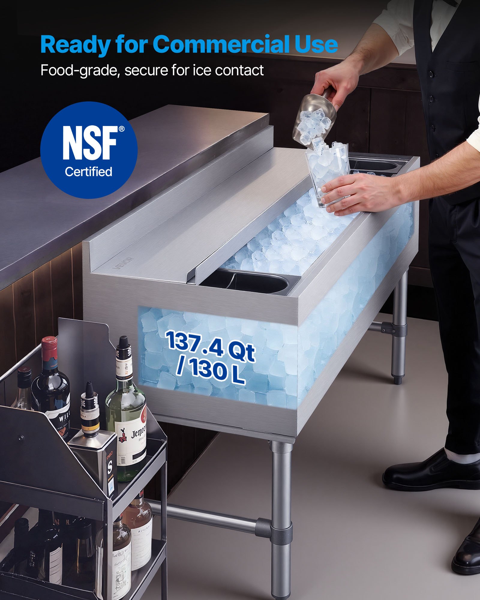VEVOR Commercial Ice Bin, 137.4 Qt Max Capacity, 48 x 19 x 33 Inch Stainless Steel Ice Chest with Sliding Lid and Bottle Holders, Cooler Cart Cocktail Unit for Bar Restaurant Pub, NSF Certified