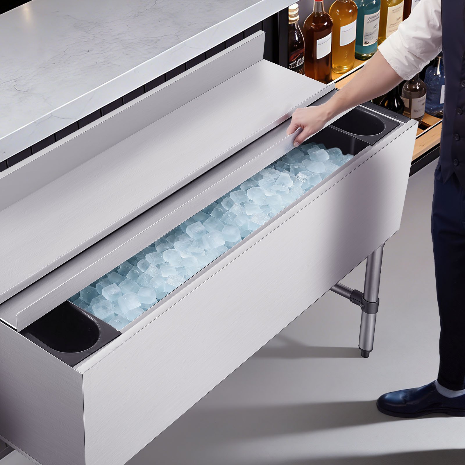 VEVOR Commercial Ice Bin, 137.4 Qt Max Capacity, 48 x 19 x 33 Inch Stainless Steel Ice Chest with Sliding Lid and Bottle Holders, Cooler Cart Cocktail Unit for Bar Restaurant Pub, NSF Certified