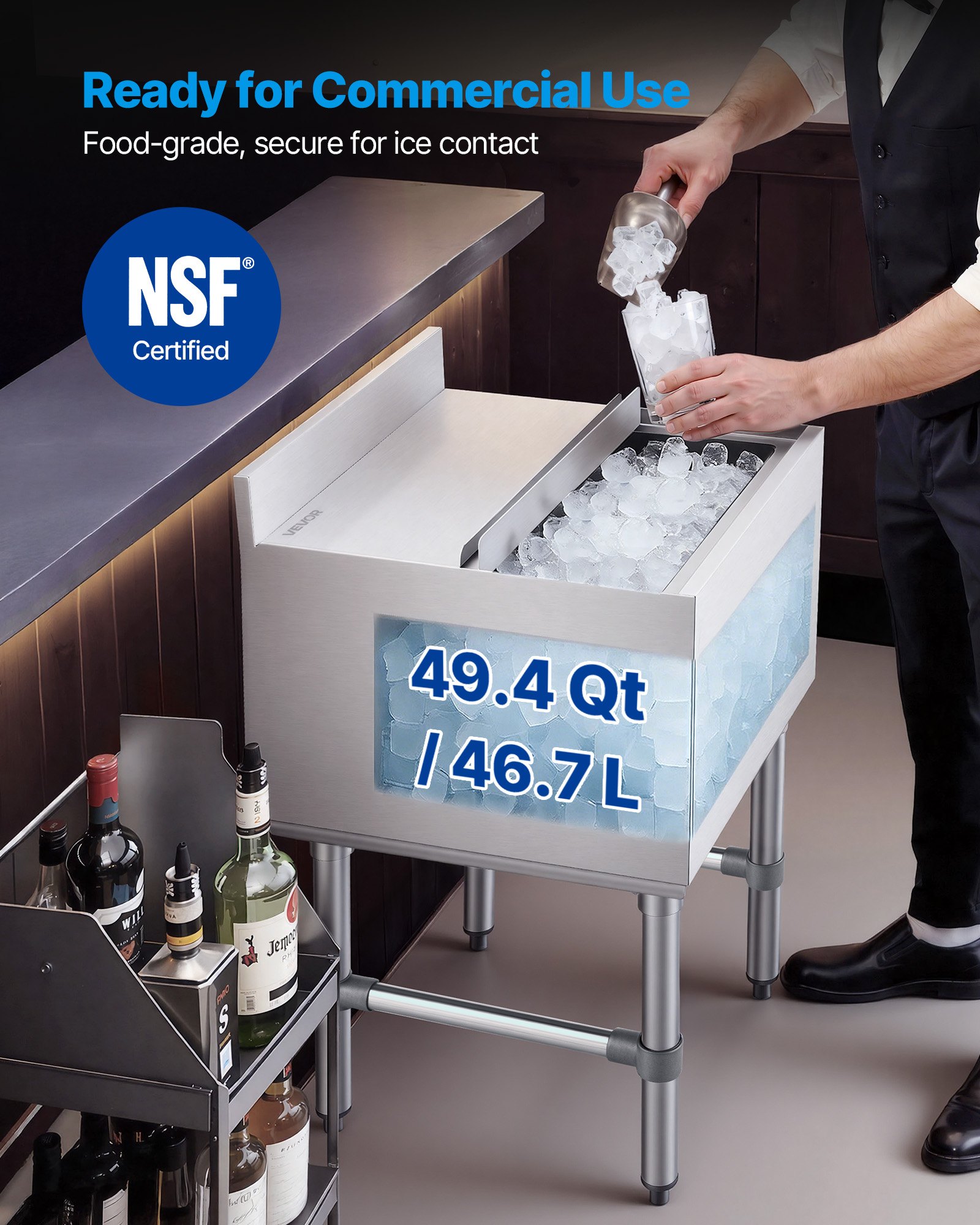 VEVOR Commercial Ice Bin, 46.7 L Max Capacity, 455 x 455 x 850 mm Stainless Steel Ice Chest with Sliding Lid and Bottle Holders, Cooler Cart Cocktail Unit for Bar Restaurant Pub, NSF Certified
