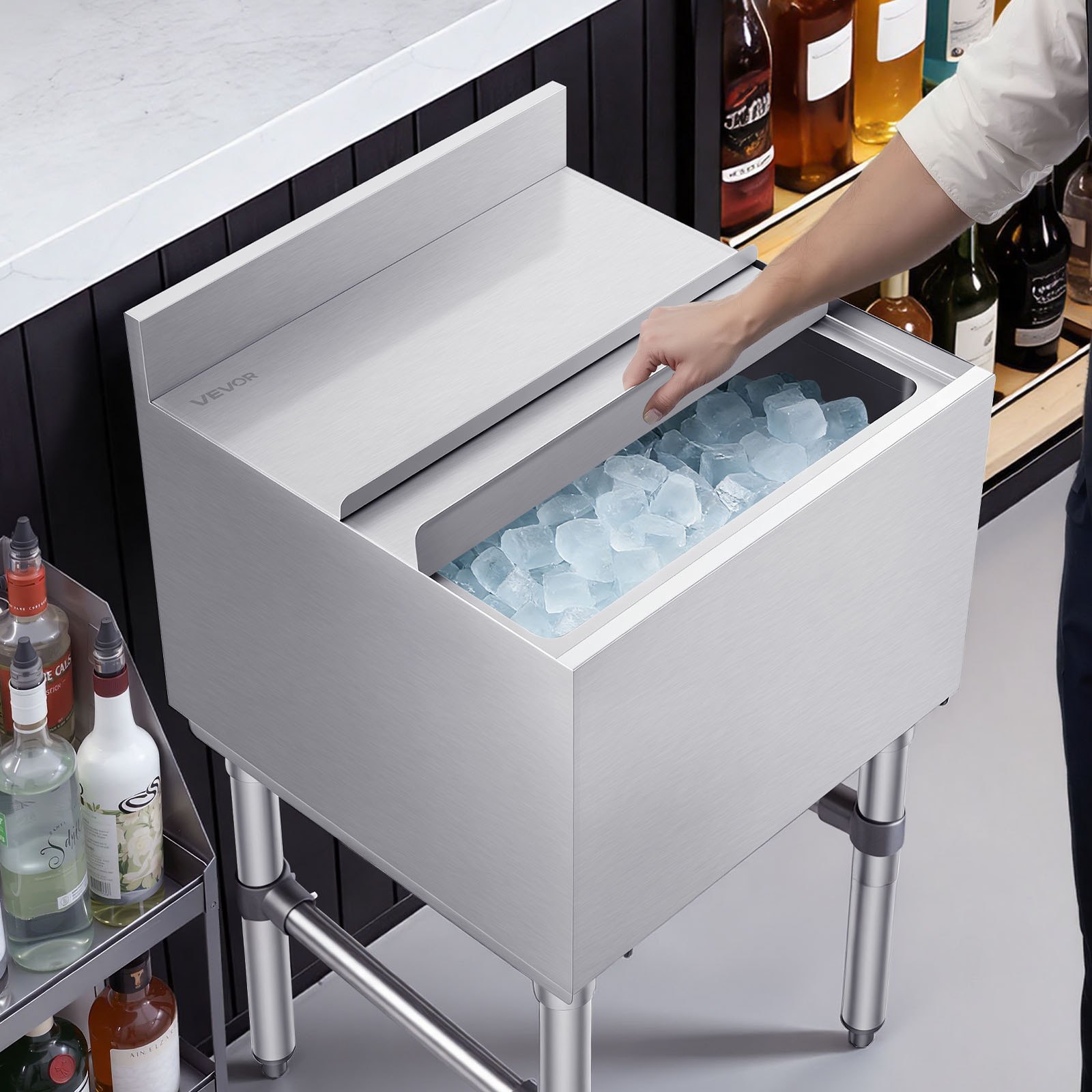 VEVOR Commercial Ice Bin, 46.7 L Max Capacity, 455 x 455 x 850 mm Stainless Steel Ice Chest with Sliding Lid and Bottle Holders, Cooler Cart Cocktail Unit for Bar Restaurant Pub, NSF Certified