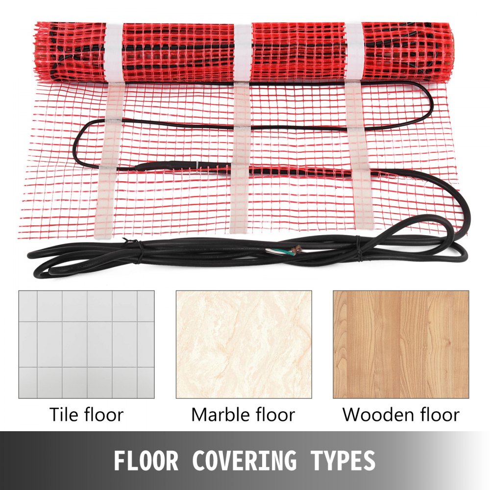 VEVOR 90 Sqft 120V Electric Radiant Floor Heating Mat with Alarmer and Programmable Floor Sensing Thermostat Self-Adhesive Mesh Underfloor Heat Warming Systems Mats Kit
