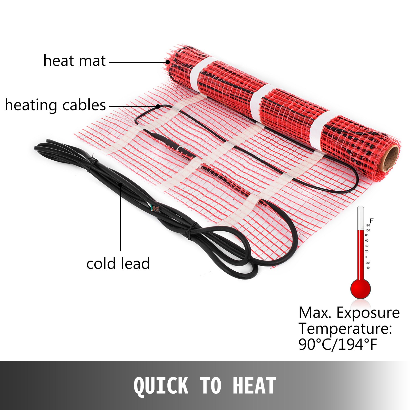 VEVOR 90 Sqft 120V Electric Radiant Floor Heating Mat with Alarmer and Programmable Floor Sensing Thermostat Self-Adhesive Mesh Underfloor Heat Warming Systems Mats Kit