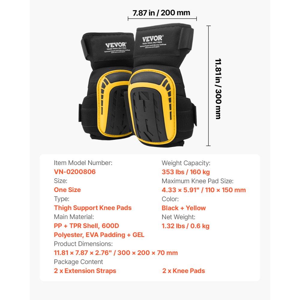 VEVOR Knee Pads for Work, Extended Heavy Duty Construction Knee Pads with 2 Extension Straps, Anti-slip Foam Gel Knee Pads, Men & Women, for Gardening Flooring Roofing and Cleaning, Yellow and Black