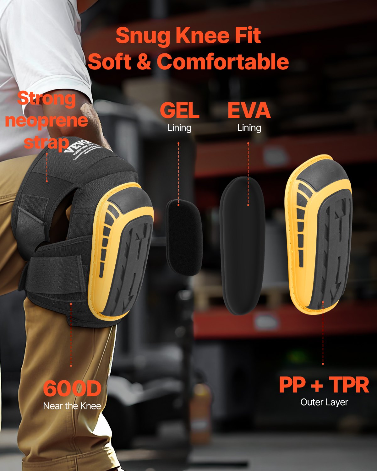 VEVOR Knee Pads for Work, Extended Heavy Duty Construction Knee Pads with 2 Extension Straps, Anti-slip Foam Gel Knee Pads, Men & Women, for Gardening Flooring Roofing and Cleaning, Yellow and Black