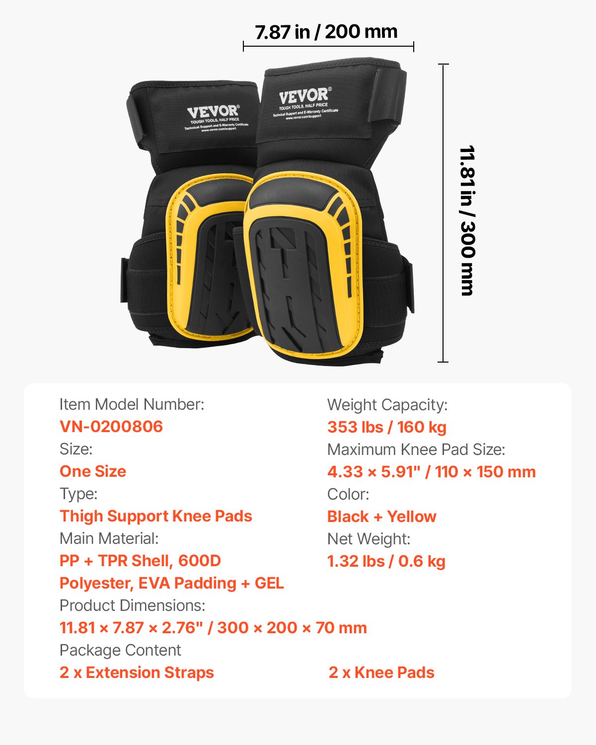 VEVOR Knee Pads for Work, Extended Heavy Duty Construction Knee Pads with 2 Extension Straps, Anti-slip Foam Gel Knee Pads, Men & Women, for Gardening Flooring Roofing and Cleaning, Yellow and Black