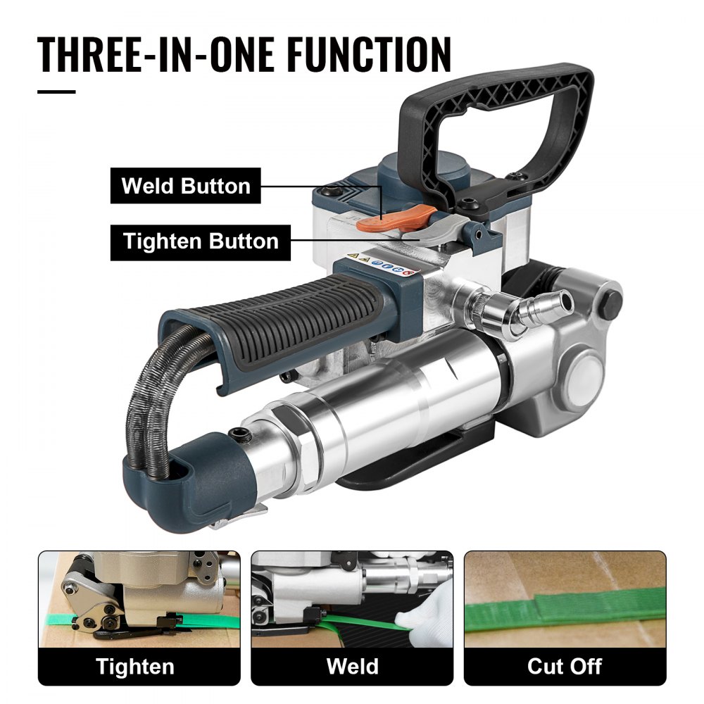 VEVOR pneumatic strapping tool with tighten and weld buttons, showing three-in-one function.