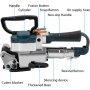 VEVOR pneumatic strapping tool with labeled parts including handle, cylinder, and buttons.