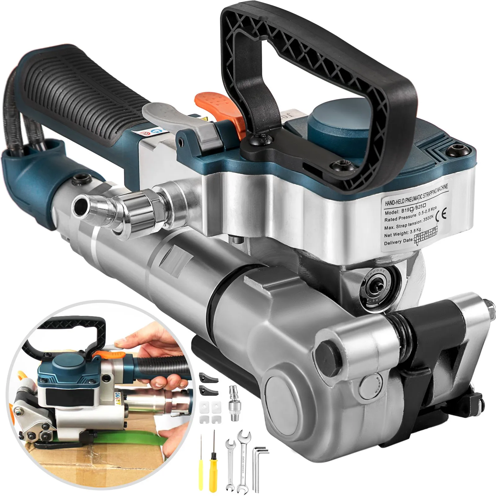 VEVOR pneumatic strapping tool with accessories and ergonomic handle.