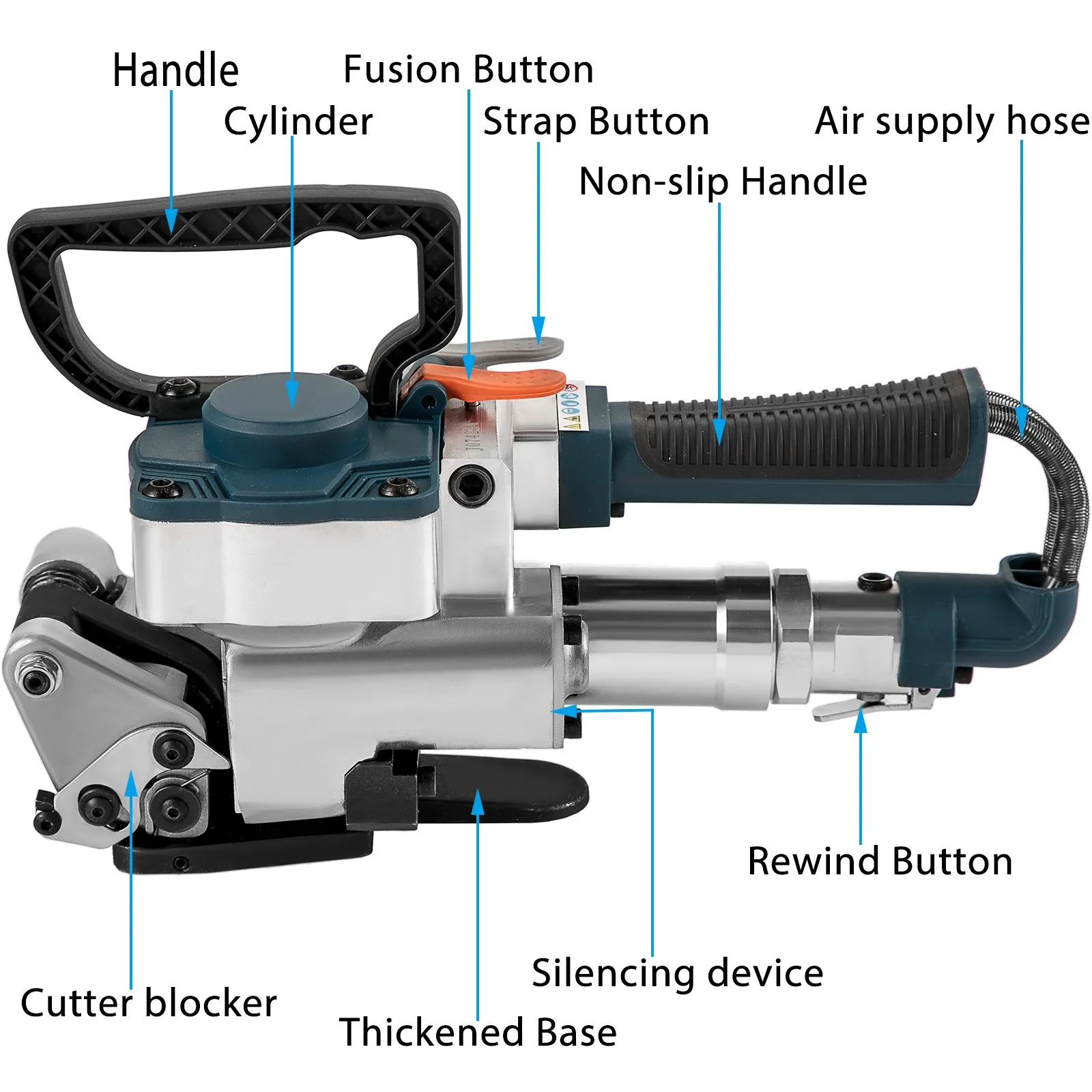 VEVOR pneumatic strapping tool with labeled parts including handle, cylinder, and buttons.