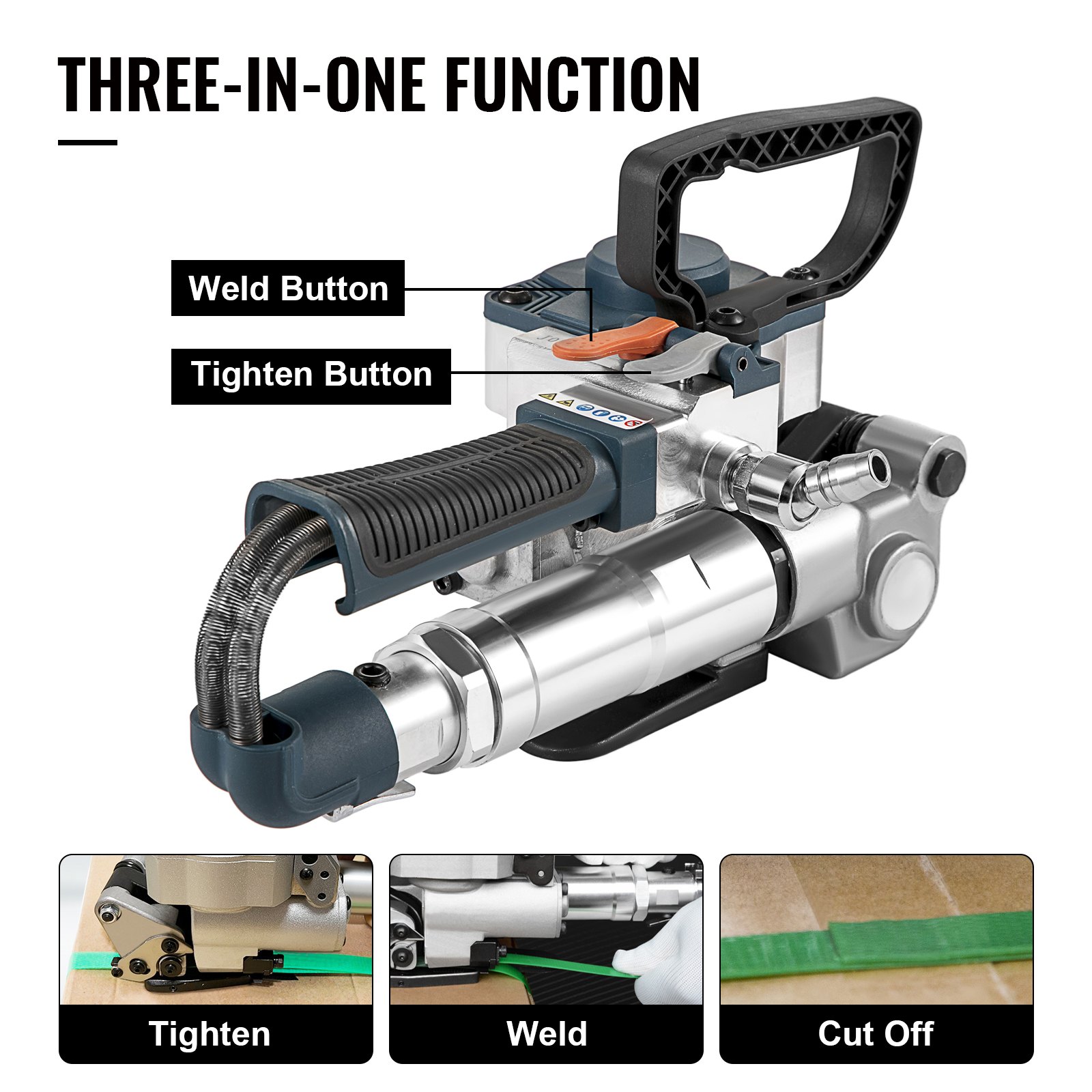 VEVOR pneumatic strapping tool with tighten and weld buttons, showing three-in-one function.