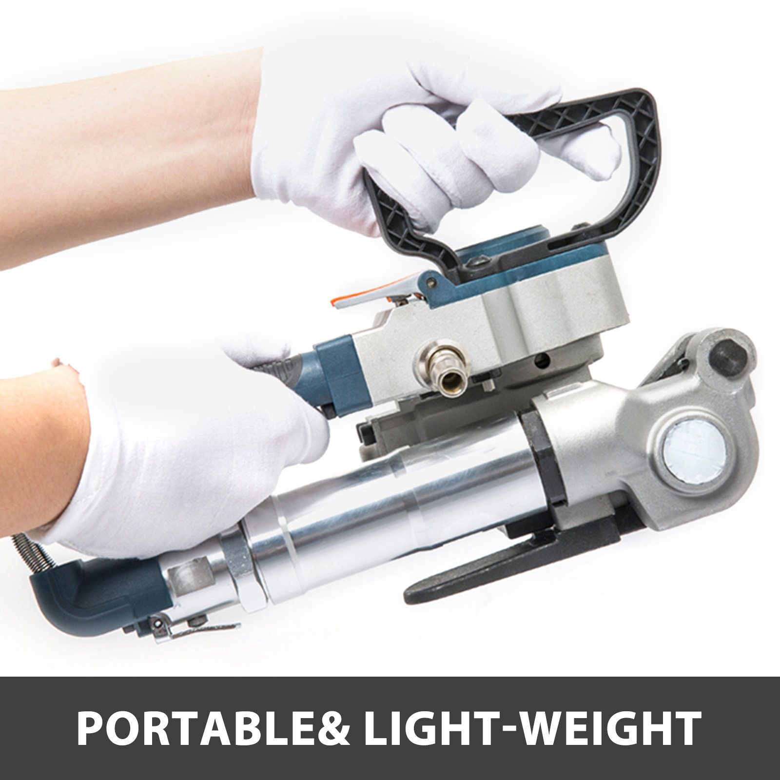 VEVOR pneumatic strapping tool being held with two gloved hands.