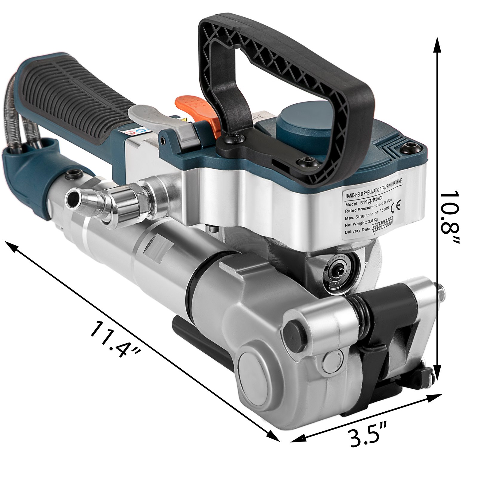 VEVOR pneumatic strapping tool, black handle, dimensions 11.4&quot; x 10.8&quot; x 3.5&quot;.