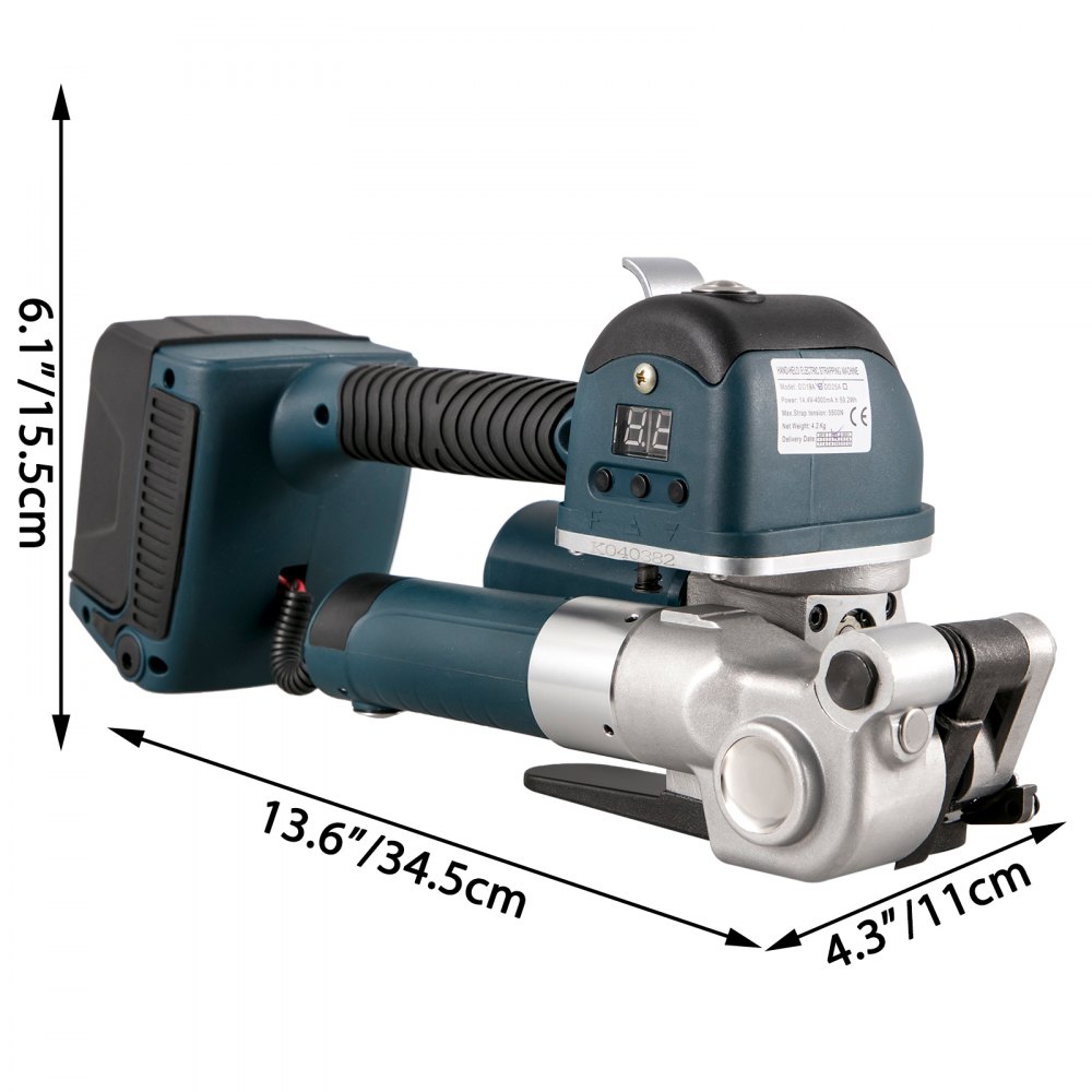 VEVOR Electric Strapping Tool DD19A Handheld Strapping Machine for 0.4-0.7inch Width PP/PET Belt, Electric Welding Strapping Tool with 400-3500N Adjustable Tension, Battery Power Strapping Machine
