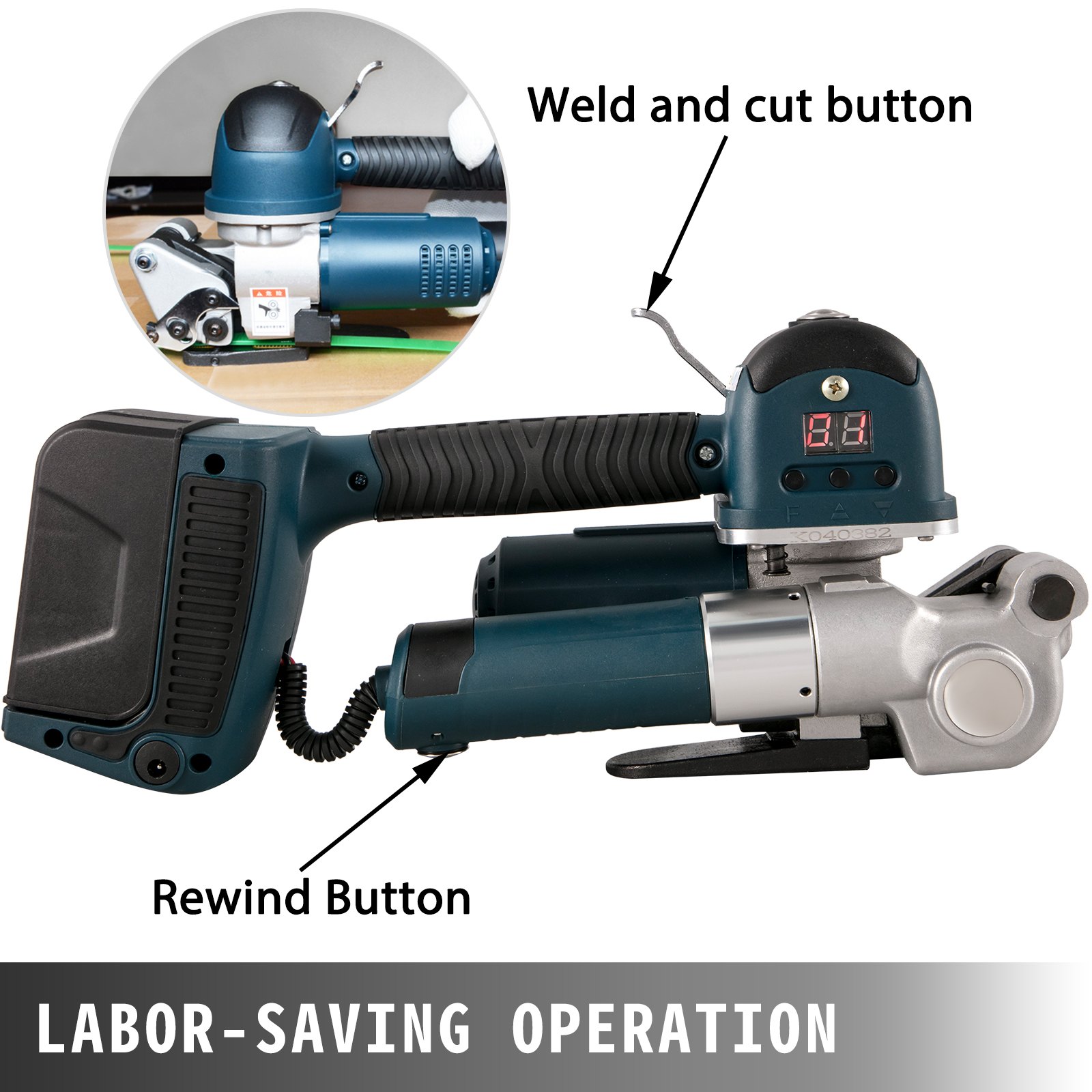 VEVOR Electric Strapping Tool DD19A Handheld Strapping Machine for 0.4-0.7inch Width PP/PET Belt, Electric Welding Strapping Tool with 400-3500N Adjustable Tension, Battery Power Strapping Machine