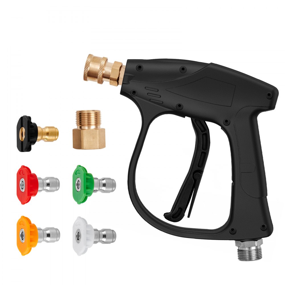 Pistola lavadora de pressão curta VEVOR, pistola de lavagem de alta potência de 4350 PSI, entrada M22-14 e pistola de espuma com conector de mangueira de saída de 1/4 '', alça de lavadora de pressão de aço inoxidável com bicos de conexão rápida de 5 cores