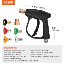 VEVOR Short Pressure Washer Gun, 4350 PSI High Power Washer Spay Gun, M22-14 Inlet & 1/4'' Outlet Hose Connector Foam Gun, Stainless Steel Pressure Washer Handle with 5 Color Quick Connect Nozzles