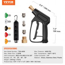 VEVOR Short Pressure Washer Gun, 4000 PSI High Power Washer Spay Gun, M22-14 mm / M22-15 / 3/8'' Inlet & 1/4'' Outlet Hose Connector Foam Gun, Pressure Washer Handle with 5 Color Quick Connect Nozzles