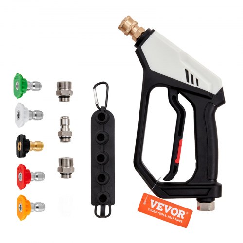VEVOR Short Pressure Washer Gun, 5000 PSI High Power Washer Spay Gun, M22-14 mm / M22-15 / 3/8'' Inlet & 1/4'' Outlet Hose Connector Foam Gun, Pressure Washer Handle with 5 Color Quick Connect Nozzles